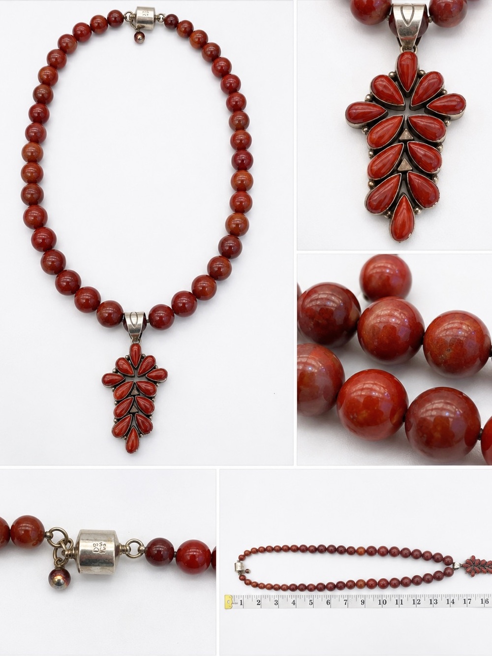 Red Bead Necklace with Red Floral Pendant